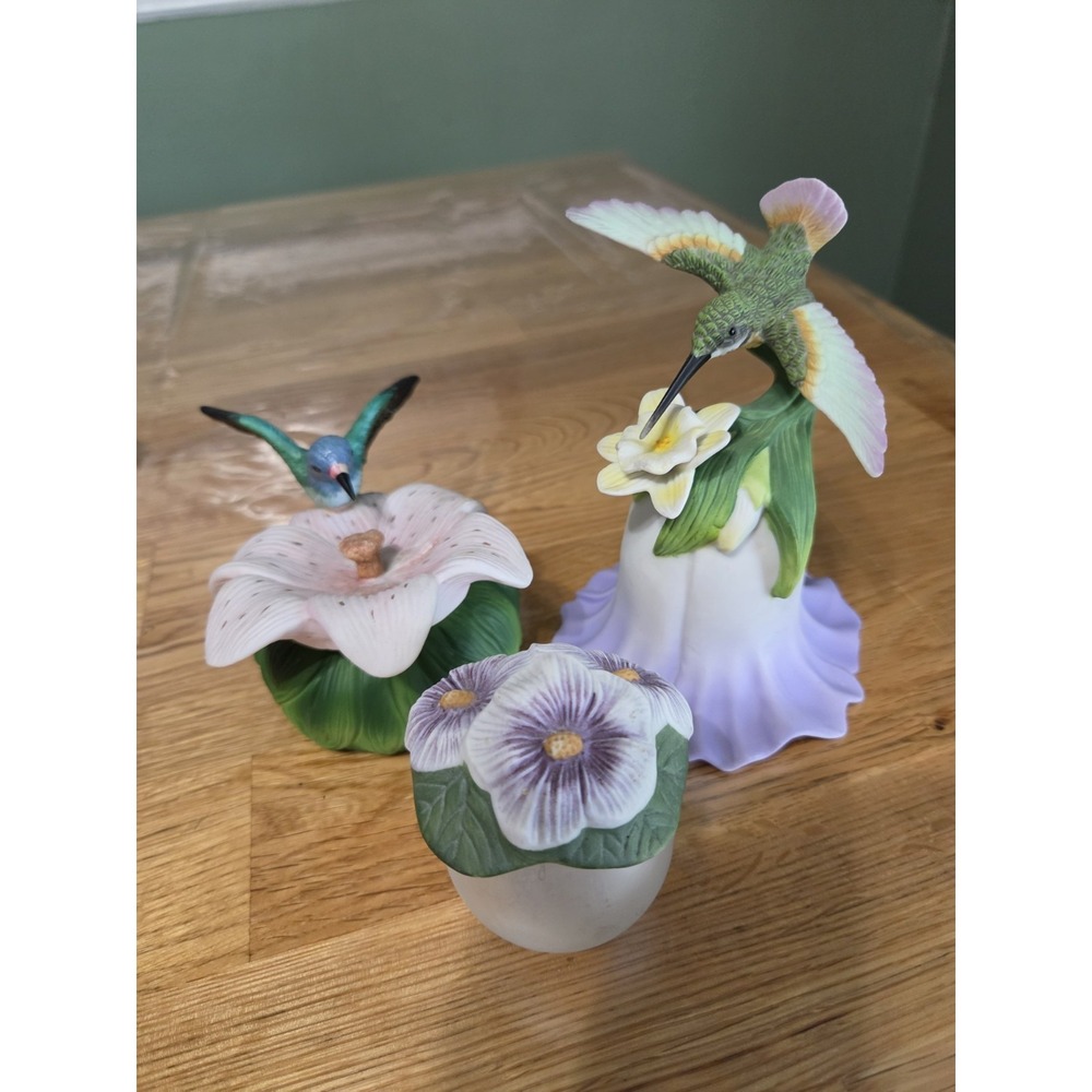 Avon and Russ Vintage Ceramic Flower Hummingbird Bell and Trinket Box Bottle Lot